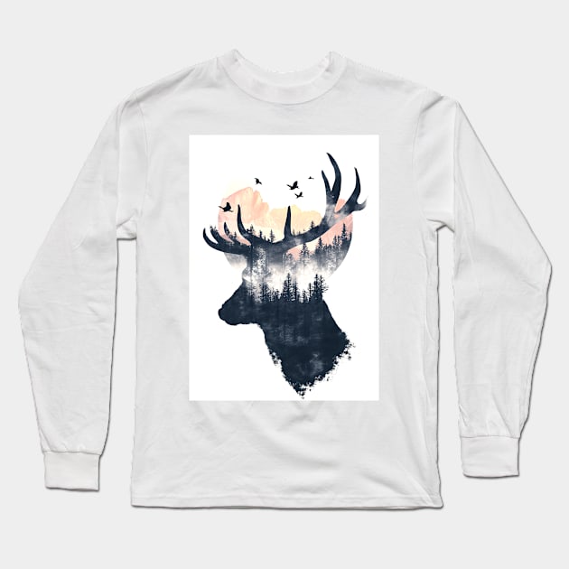 Deer Double Exposure Long Sleeve T-Shirt by Durro